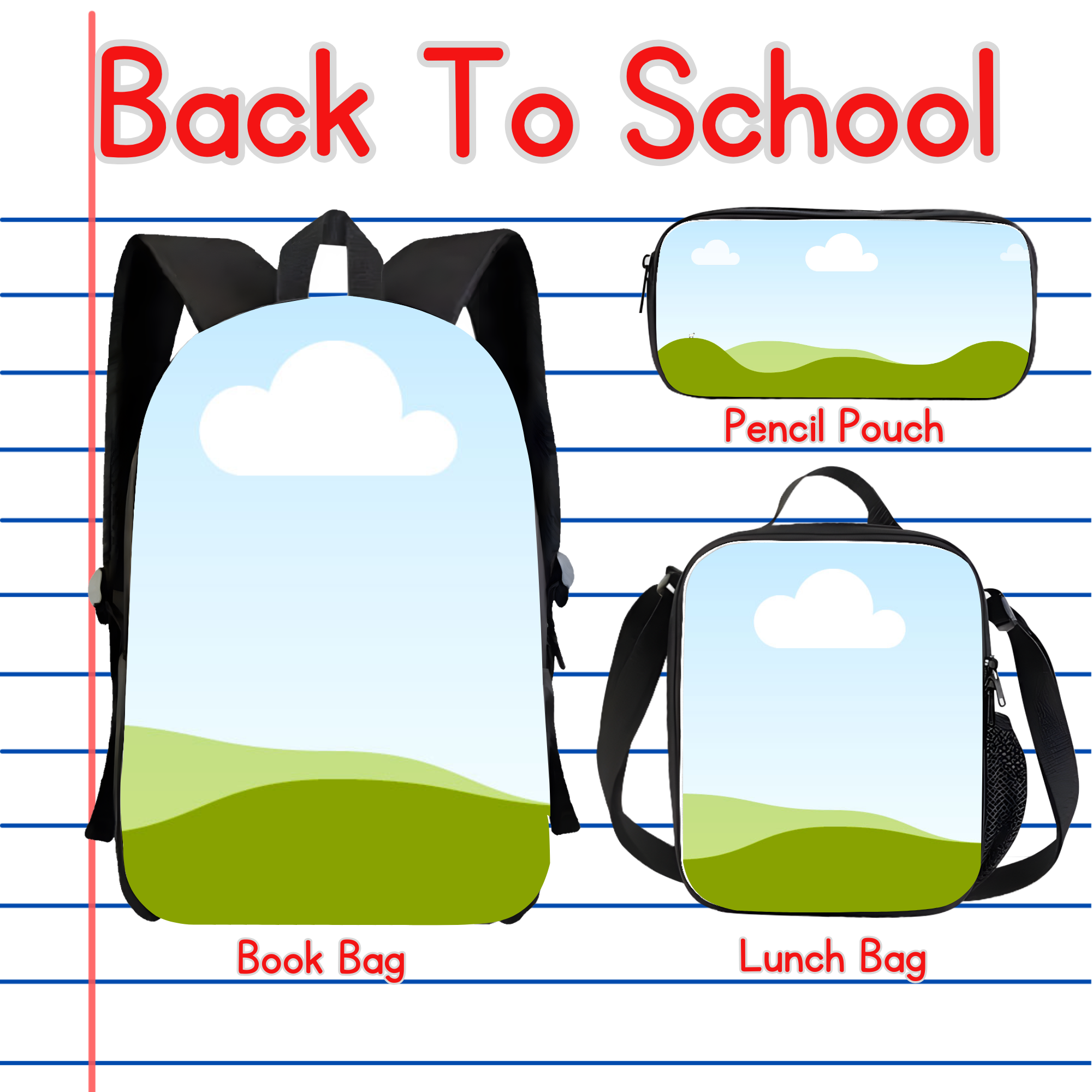 Back to School Backpack Mockup Bundle | Book Bag, Lunch Bag & Pencil Pouch Sublimation Mockups |  Digital Download
