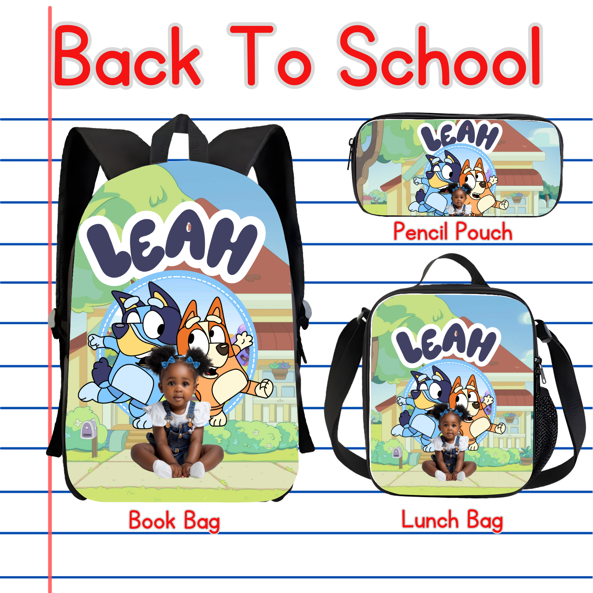 Bluey Back to School Bundle | Backpack, Lunch Box, Pencil Box, Socks & All-Over Print T-Shirt Templates | Digital Download