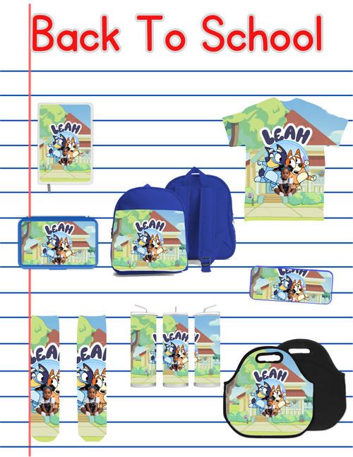 Bluey Back to School Bundle | Backpack, Lunch Box, Pencil Box, Socks & All-Over Print T-Shirt Templates | Digital Download