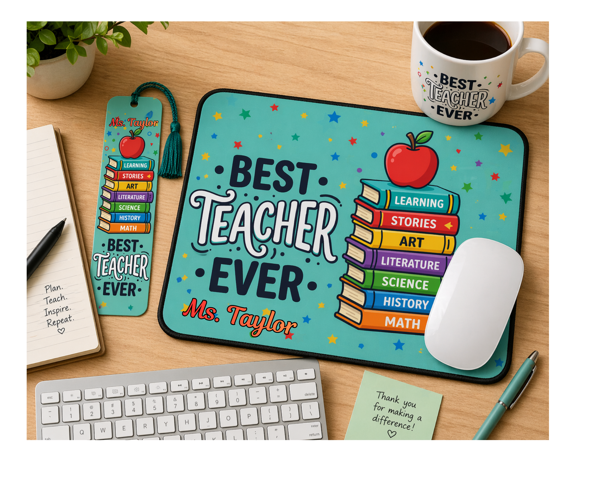 Best Teacher Ever Mouse Pad & Bookmark Set | Teacher Appreciation Gift | Cute Teacher Desk Accessories | End of Year Teacher Gift