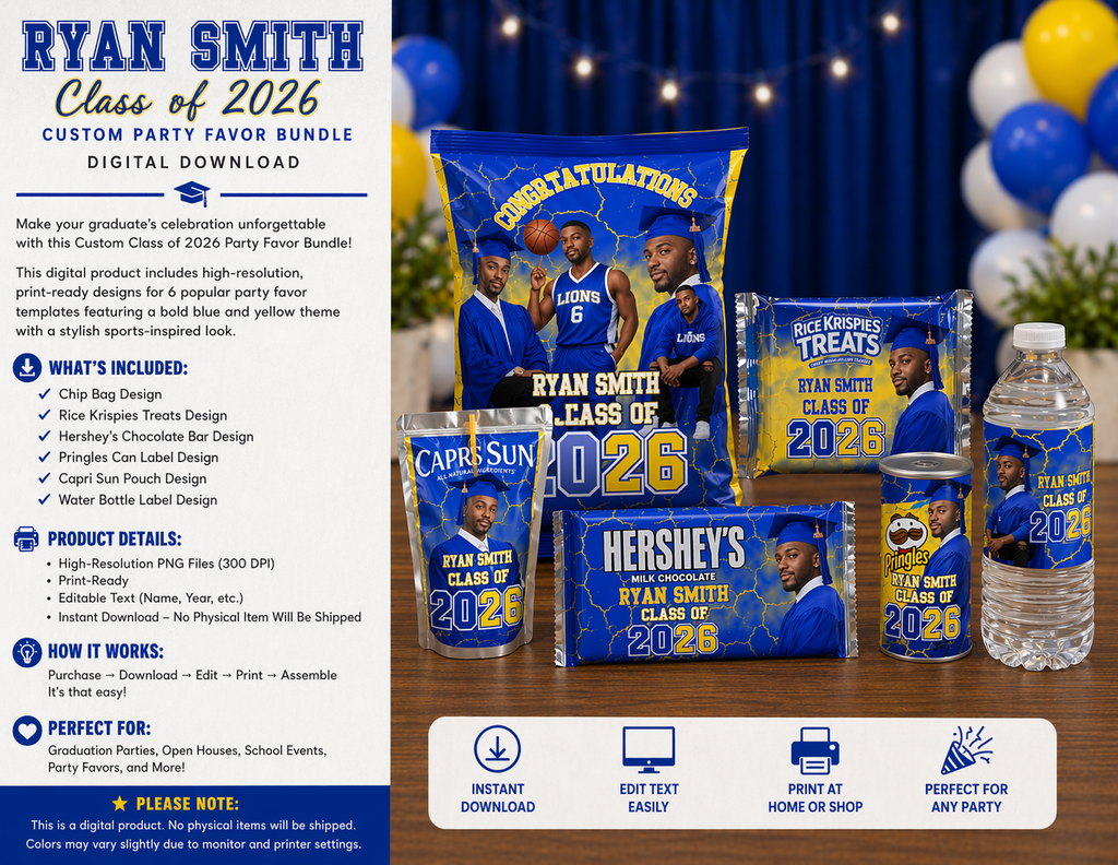 Editable Graduation Party Favor Bundle Template | Class of 2026 Chip Bag, Capri Sun, Rice Krispies, Hershey Bar, Pringles & Water Bottle Labels | Canva Editable