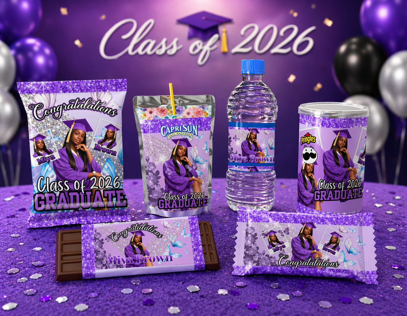 Graduation Party Favor Bundle Template | Editable Canva Chip Bag, Water Bottle, Capri Sun, Pringles, Candy Wrapper | Class of 2026 Grad Party Decor