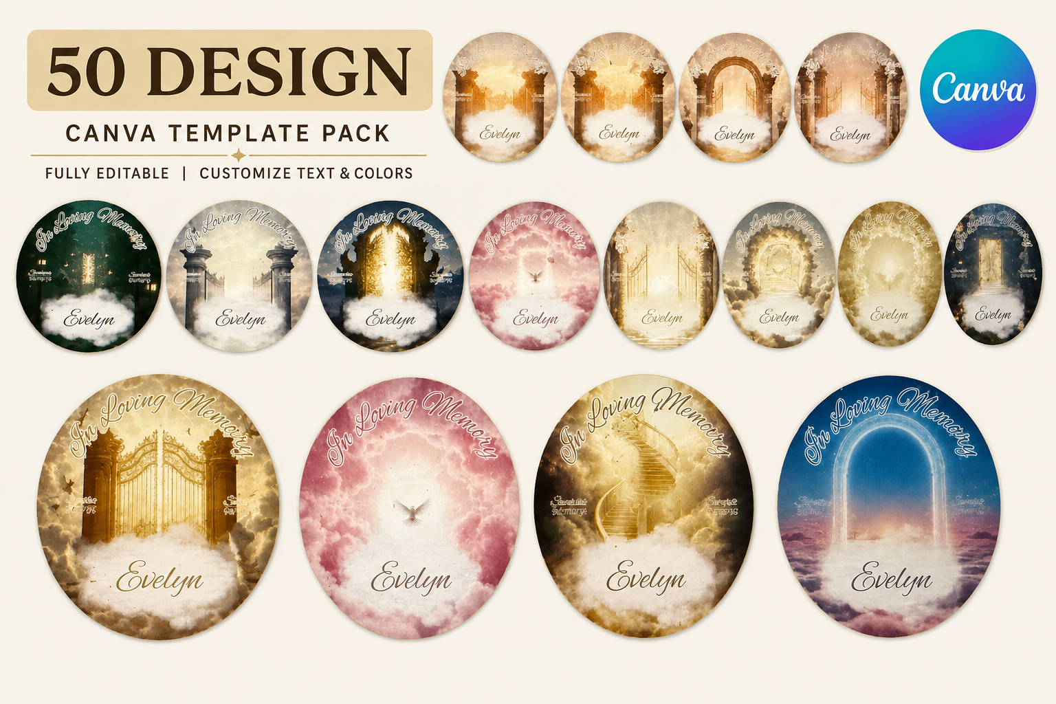 50 In Loving Memory Canva Template Pack | Editable Memorial Button & Sticker Digital Designs for Crafters, Sublimation & Print Businesses
