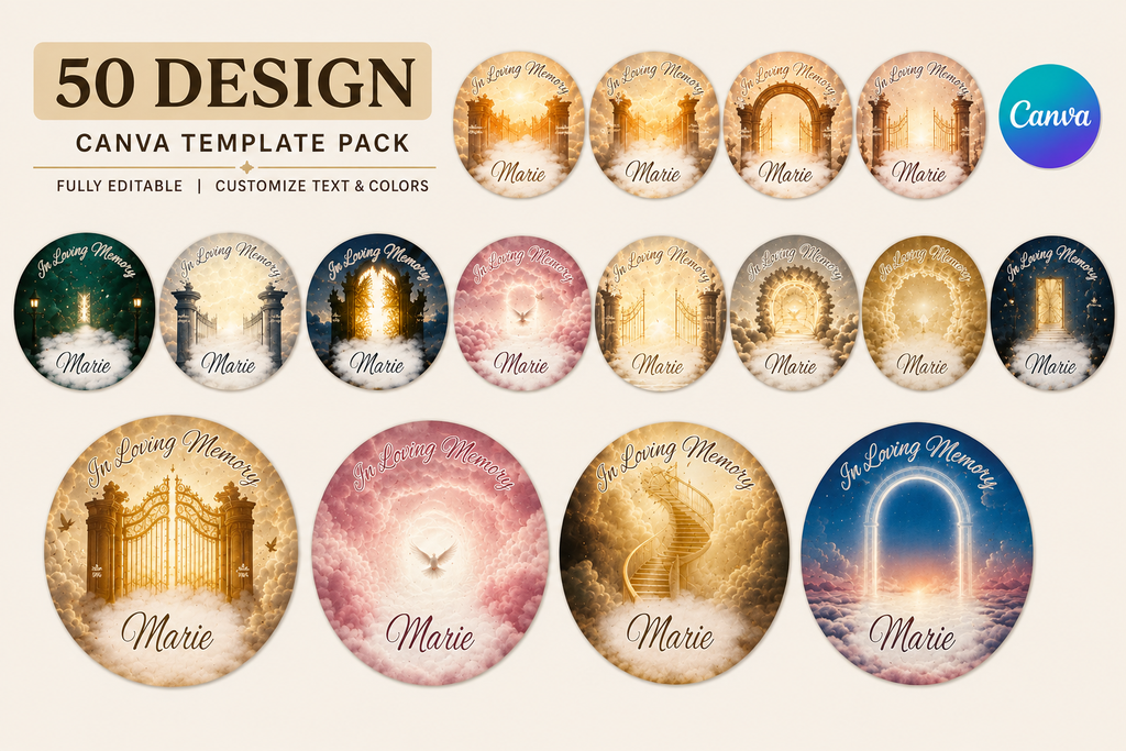 50 In Loving Memory Canva Template Pack | Editable Memorial Button & Sticker Digital Designs for Crafters, Sublimation & Print Businesses