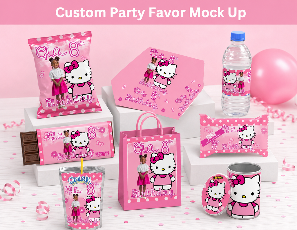 Custom Hello Kitty Birthday Party Favor Bundle | Personalized Chip Bags, Capri Sun Labels, Candy Wrappers, Water Bottle Labels & Treat Bag Templates