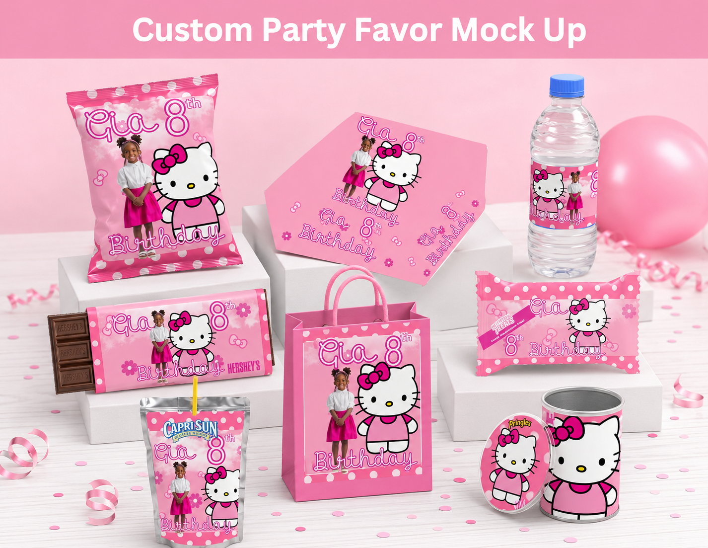 Custom Hello Kitty Birthday Party Favor Bundle | Personalized Chip Bags, Capri Sun Labels, Candy Wrappers, Water Bottle Labels & Treat Bag Templates
