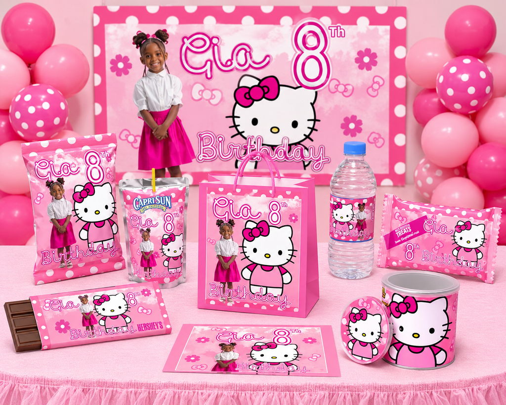 Custom Hello Kitty Birthday Party Favor Bundle | Personalized Chip Bags, Capri Sun Labels, Candy Wrappers, Water Bottle Labels & Treat Bag Templates