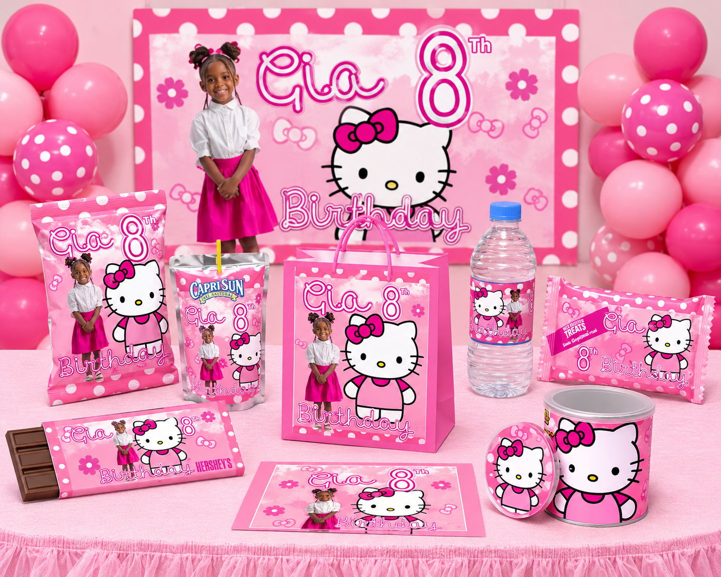 Custom Hello Kitty Birthday Party Favor Bundle | Personalized Chip Bags, Capri Sun Labels, Candy Wrappers, Water Bottle Labels & Treat Bag Templates