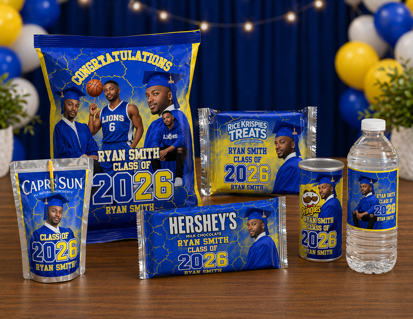 Custom Graduation Party Favor Bundle | Personalized Chip Bags, Capri Sun, Water Bottles, Pringles, Candy Wrappers | Class of 2026 Grad Party Favors