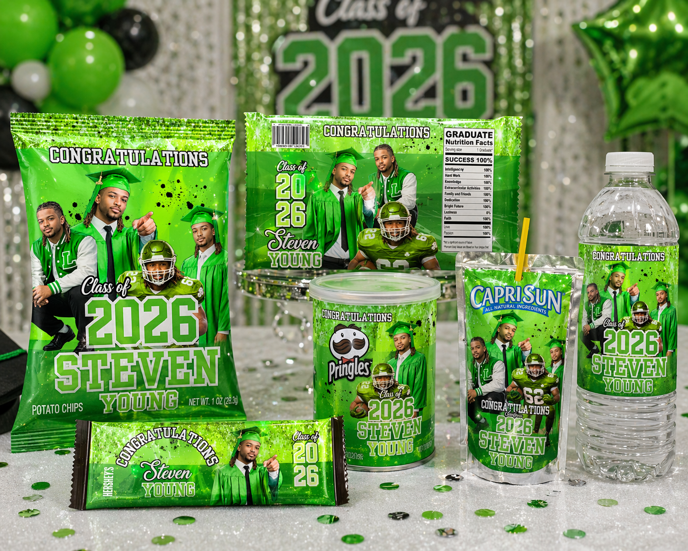 Custom Graduation Party Favor Bundle | Personalized Chip Bags, Capri Sun, Water Bottles, Pringles, Candy Wrappers | Class of 2026 Grad Party Favors