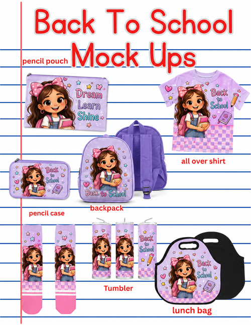 Back to School Mockup Bundle | T-Shirt, Backpack, Tumbler, Lunch Bag, Pencil Pouch, Socks & Pencil Case PSD Mockups