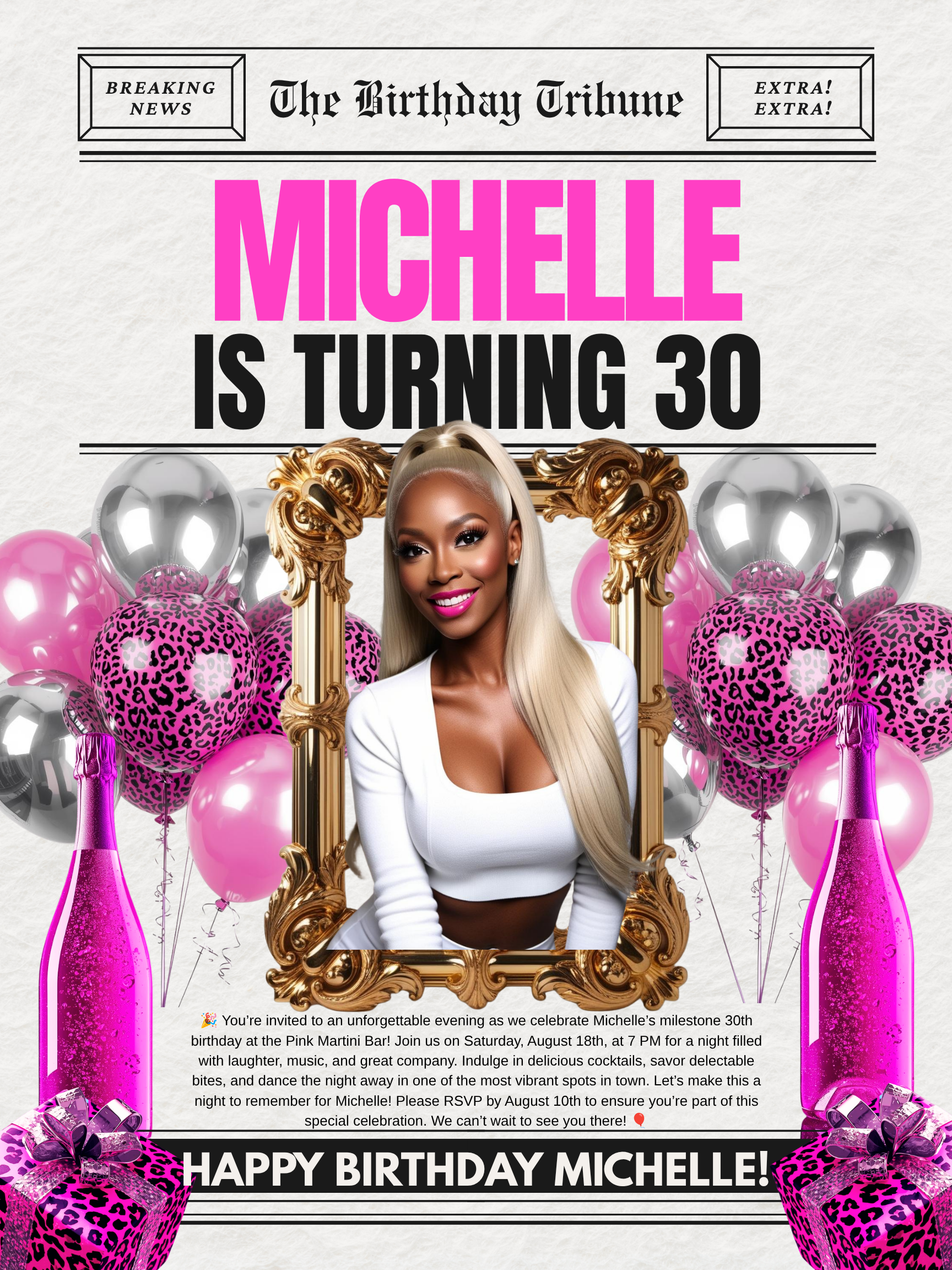 Birthday Newspaper Invitation Template | Editable Newspaper Party Invite | Canva Birthday Invitation | Pink Birthday Celebration Template