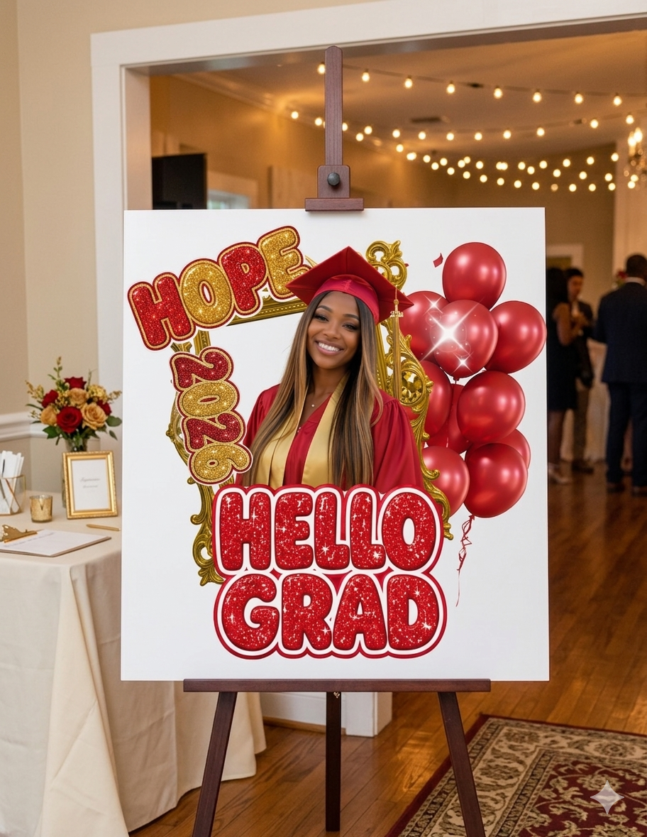 Hello Grad Graduation Party Favor Template Bundle | Welcome Sign, Party Bucket, T-Shirt, Foam Cup, Fan & Shot Glass | Editable Grad Templates | Class of 2026