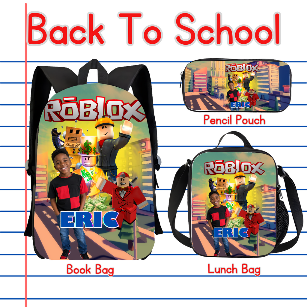 Roblox Back to School Bundle PNG | Personalized Backpack, Lunch Box, Pencil Box, Socks & All-Over T-Shirt Design, Tumbler
