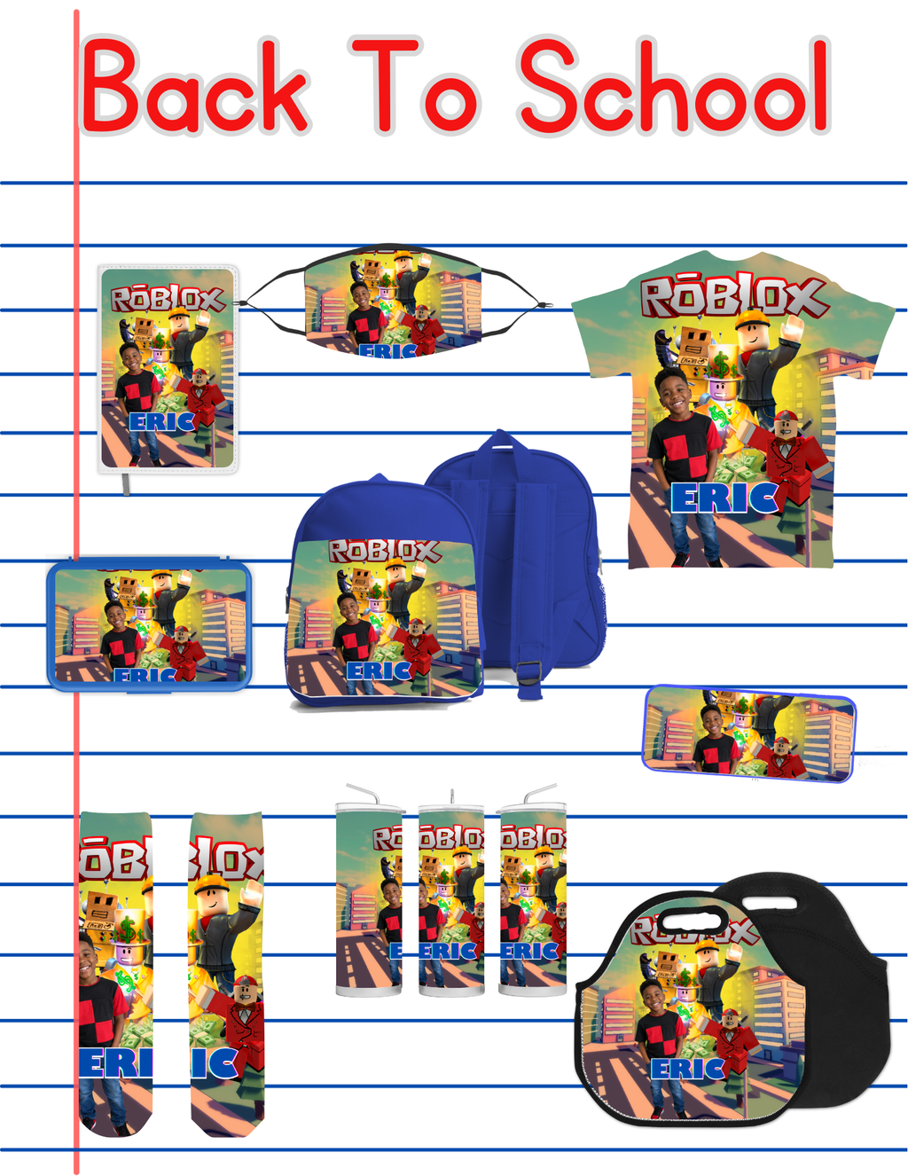 Roblox Back to School Bundle PNG | Personalized Backpack, Lunch Box, Pencil Box, Socks & All-Over T-Shirt Design, Tumbler
