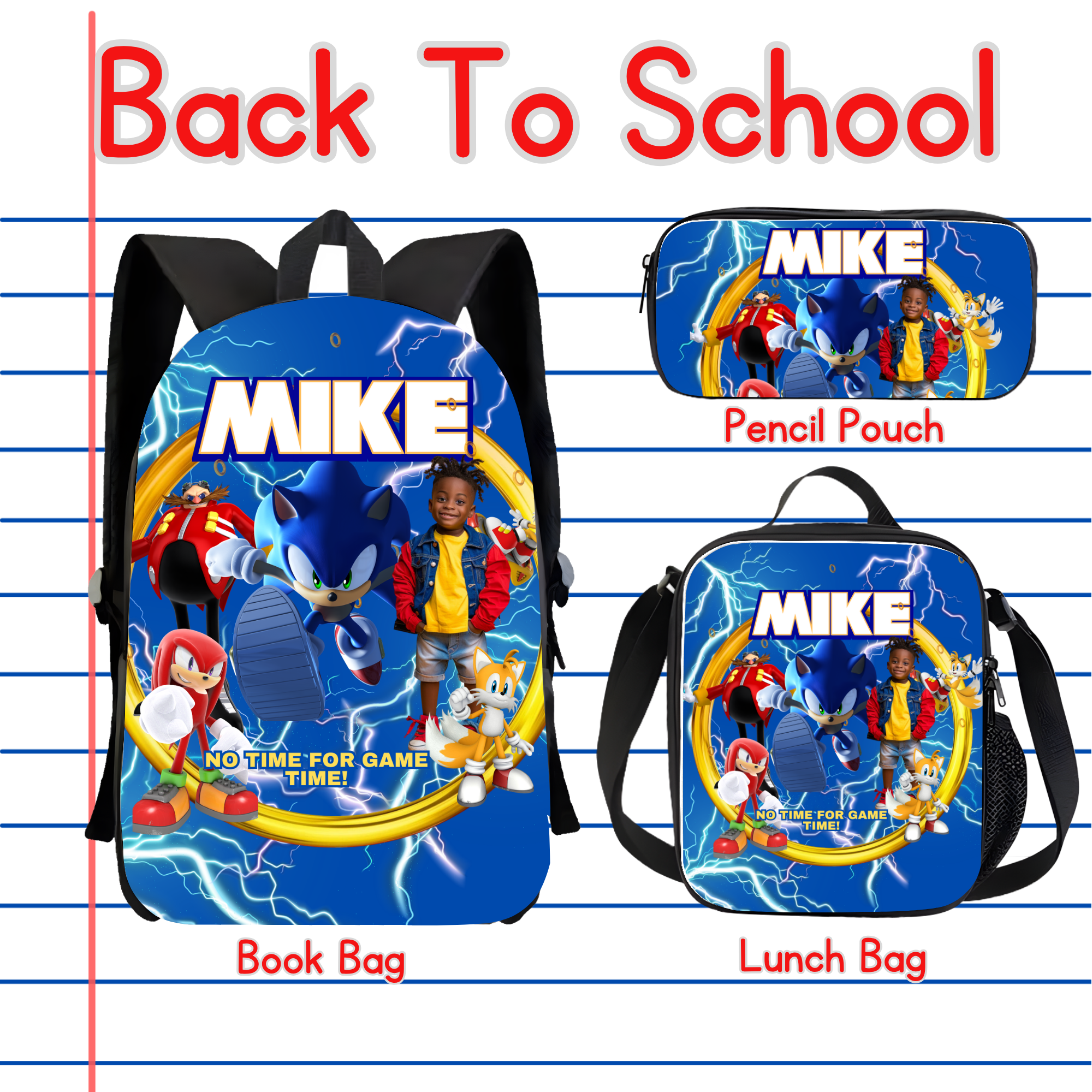 Sonic Back to School Bundle PNG | Personalized Backpack, Lunch Box, Pencil Box, Socks & All-Over T-Shirt Design