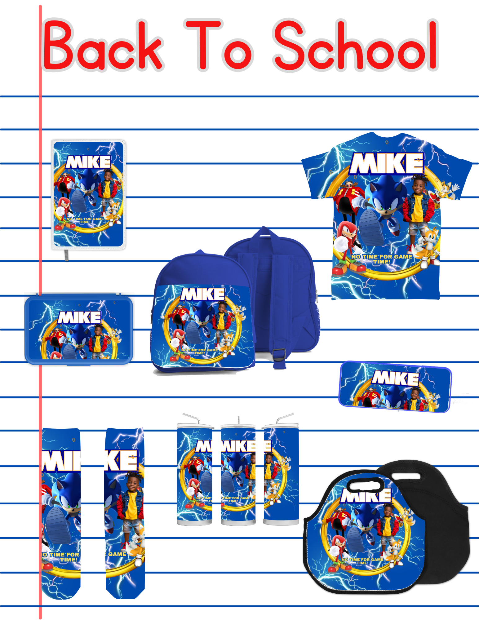 Sonic Back to School Bundle PNG | Personalized Backpack, Lunch Box, Pencil Box, Socks & All-Over T-Shirt Design