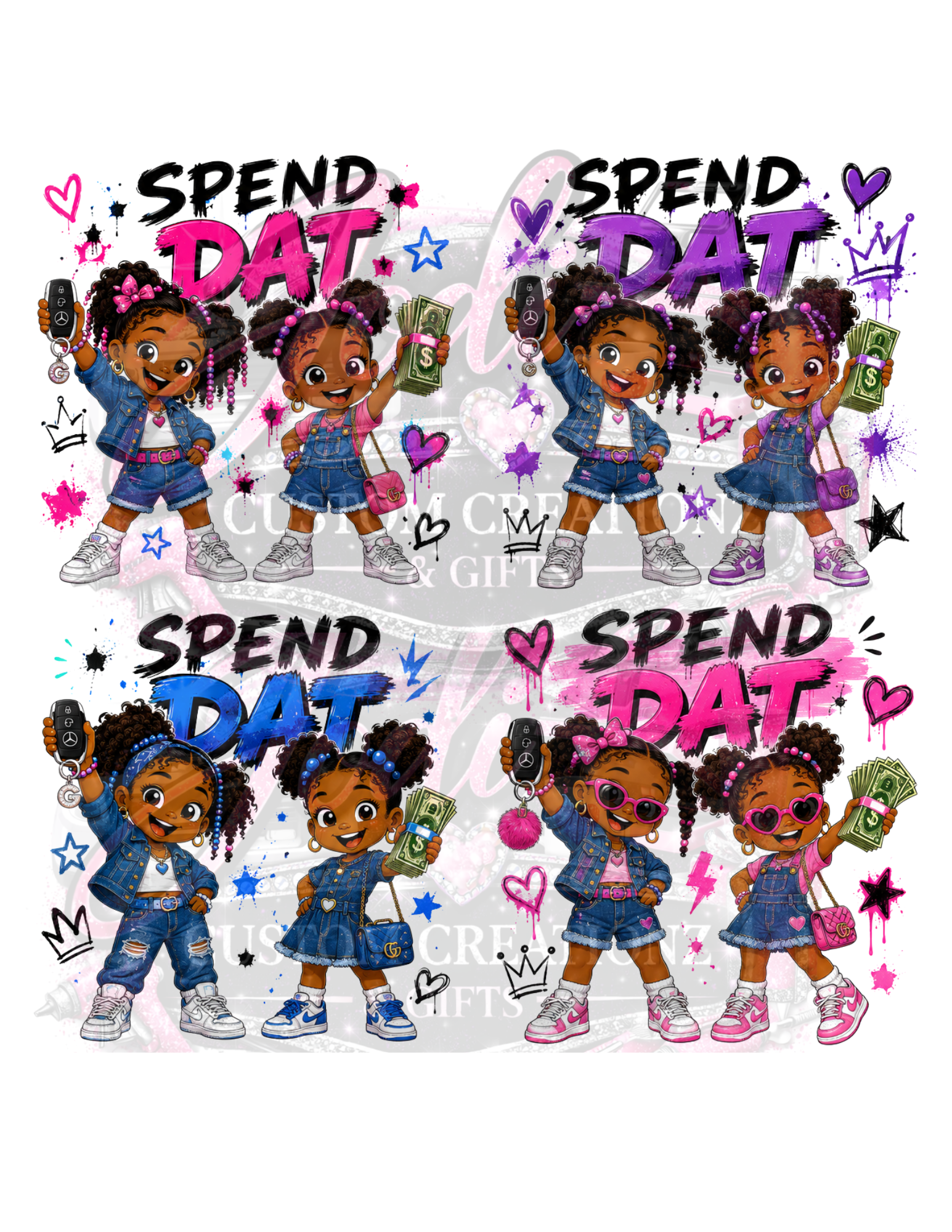 SPEND DAT PNG | Cartoon Black Girls Shopping Design | DTF Transfer PNG