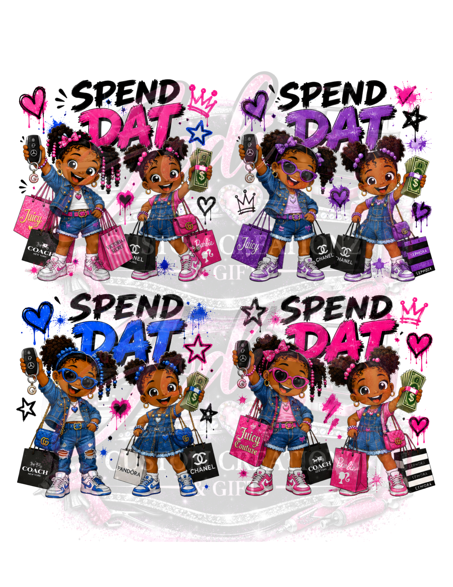 SPEND DAT PNG | Cartoon Black Girls Shopping Design | DTF Transfer PNG