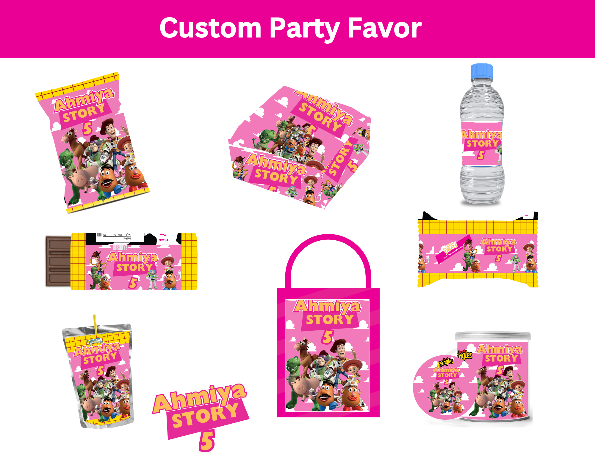 Pink Toy Story Inspired Party Favor Bundle | Editable Chip Bag, Capri Sun, Rice Krispies, Candy Bar, Popcorn & Treat Bag Templates | Instant Download