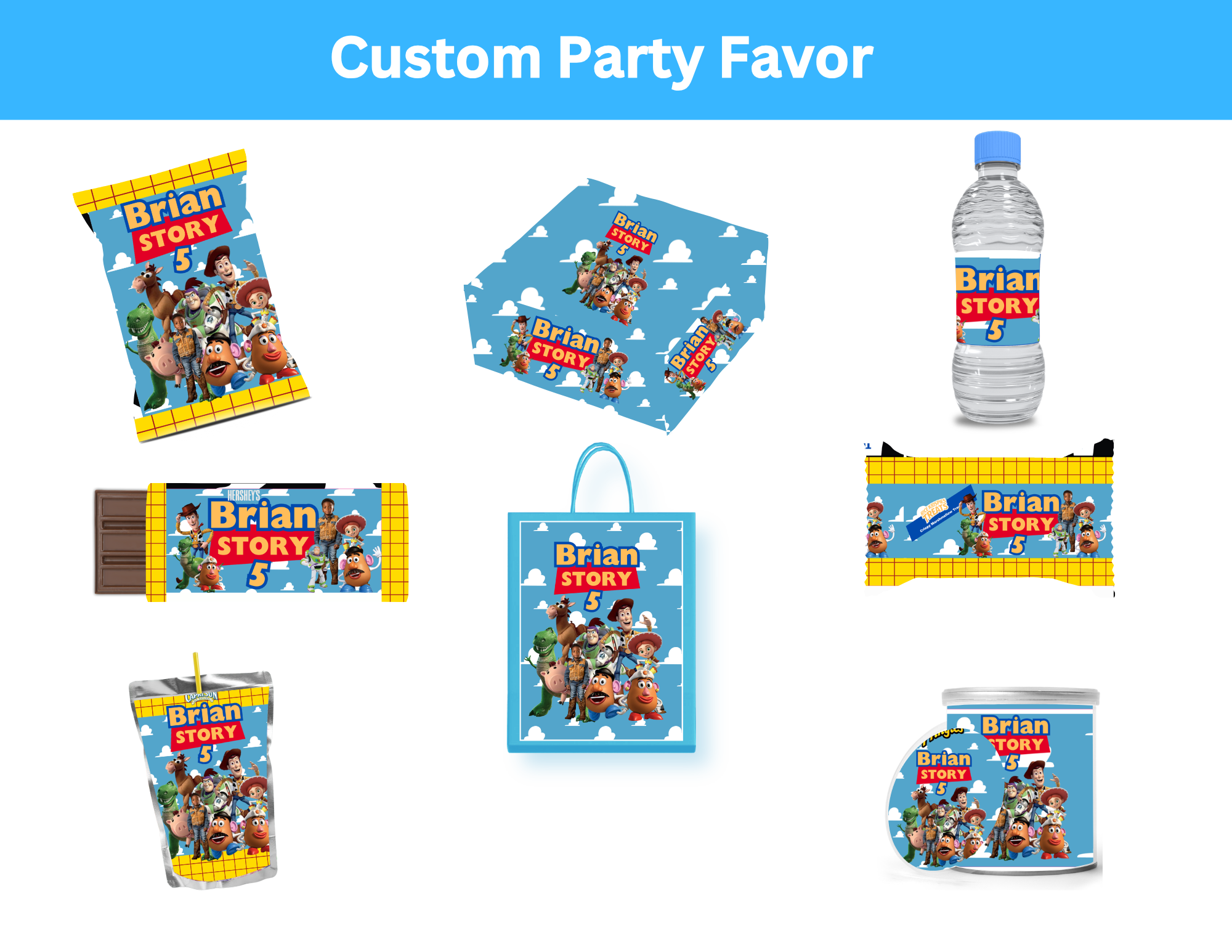 Toy inspired party favors, Editable Party Favor Templates Bundle | Custom Birthday Party Favors PNG| Chip Bag Water Bottle Juice Pouch Wrapper Templates
