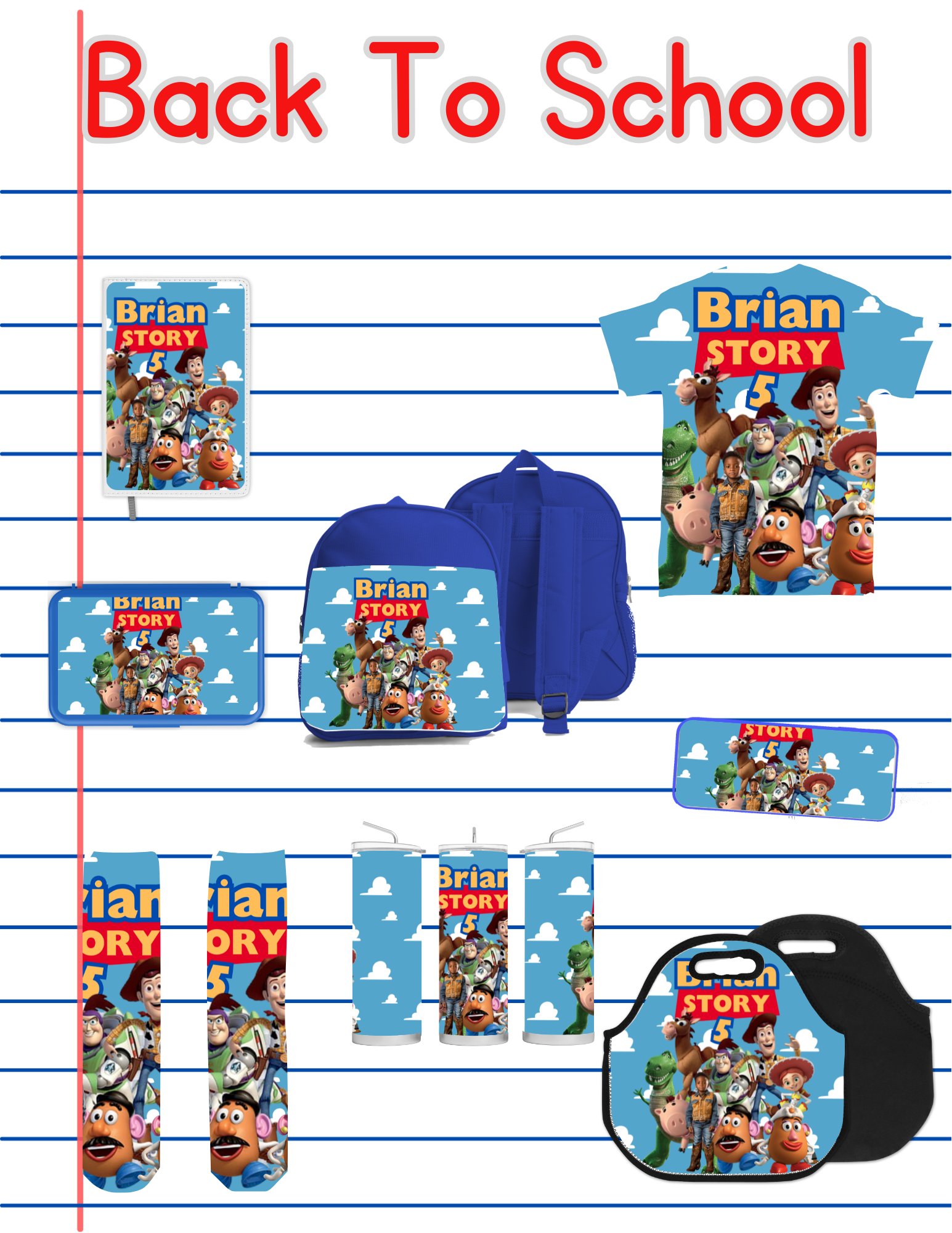 Toy Story School Bundle Templates | Editable Backpack, Lunch Box, Pencil Box, Socks & T-Shirt Designs
