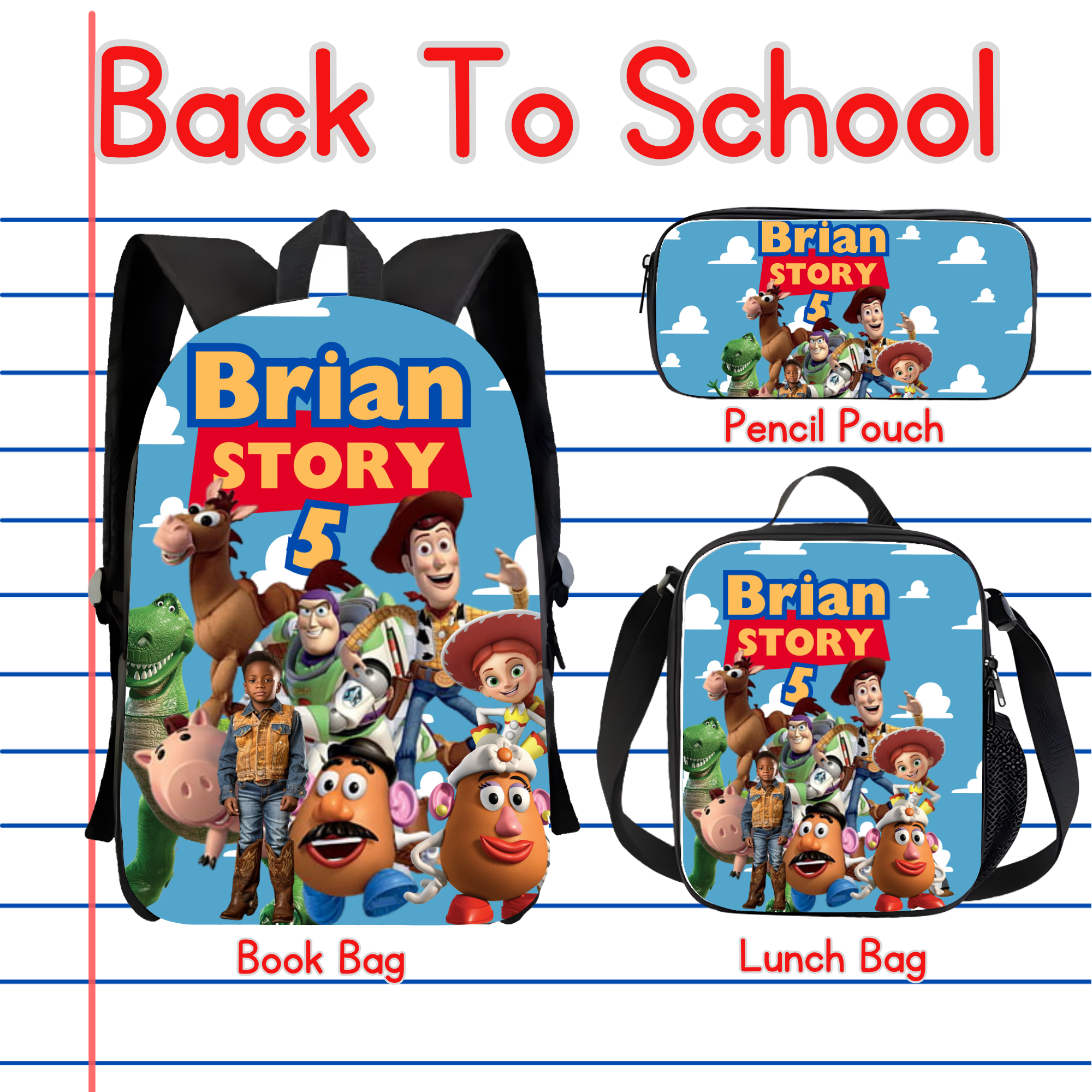 Toy Story School Bundle Templates | Editable Backpack, Lunch Box, Pencil Box, Socks & T-Shirt Designs