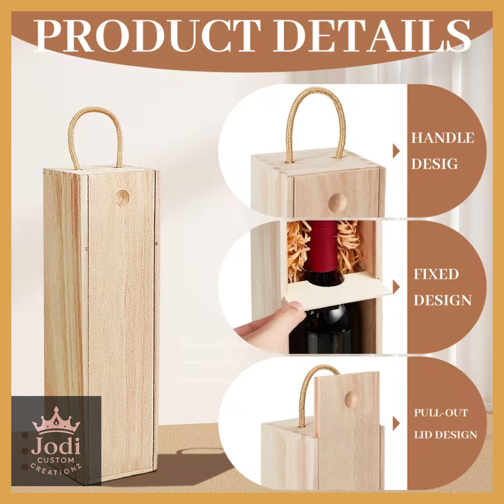 Custom Wooden Wine Gift Box with Lid, Personalized Wine Box for 750ml Bottle Elegant Wine Gift for Weddings, Birthdays & Special Occasions