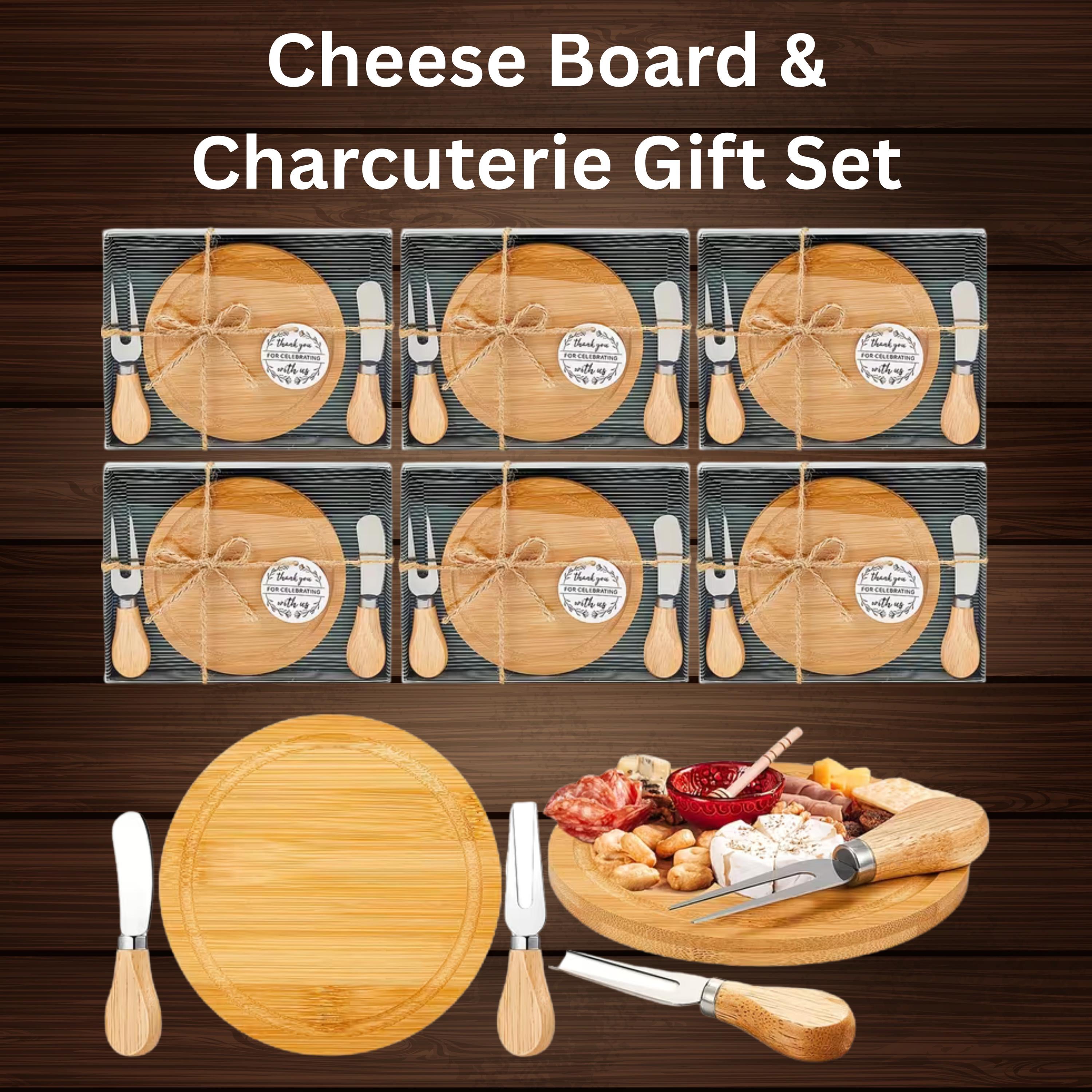 Custom Mini Cheese Board & Charcuterie Gift Set, Wood Look Tray with Utensils, Wedding Favor Gift Box, Thank You Tags Included