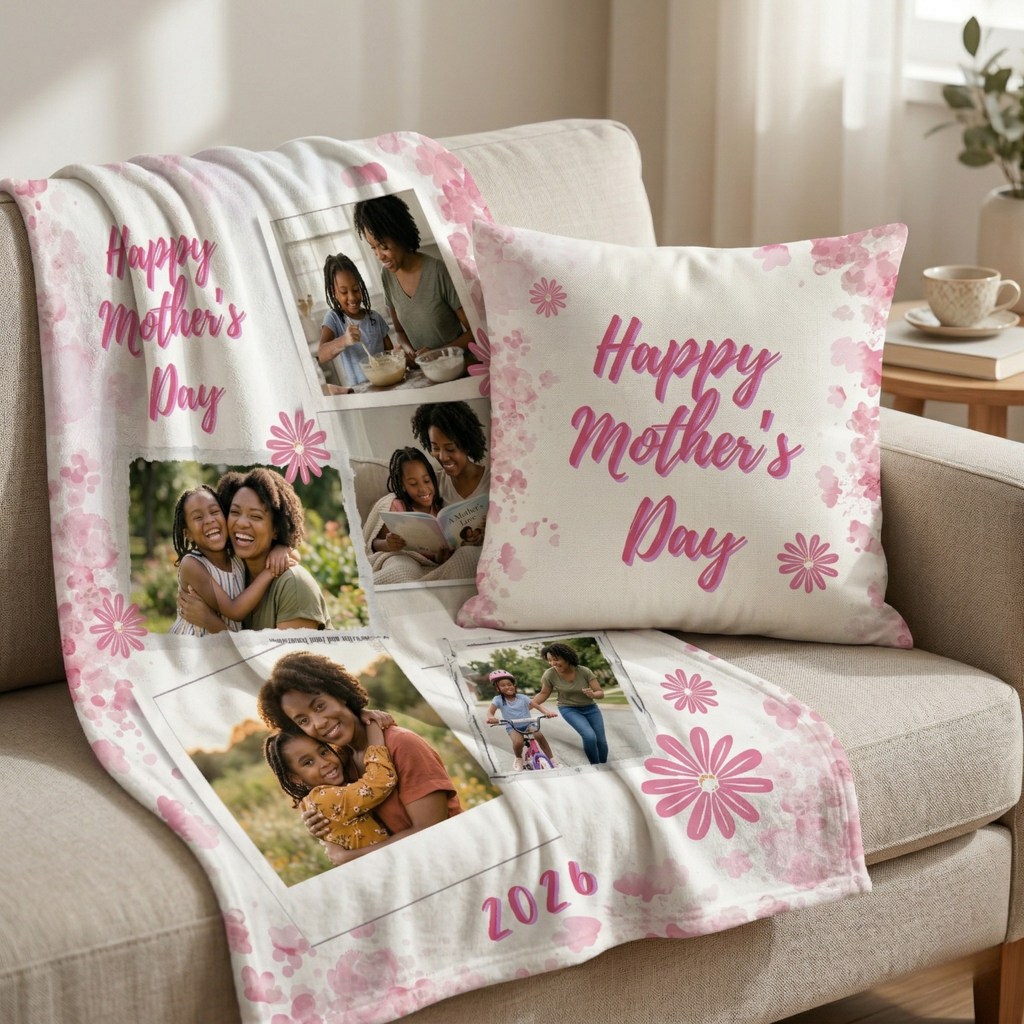 Custom Mother’s Day Blankets & Pillows Bundle | Personalized Gifts for Mom, Grandma & Nana | Photo & Name Options Available